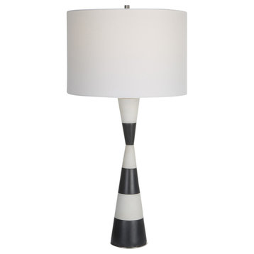 Tapered Black and White Striped Faux Marble Table Lamp 30 in Hourglass Shape