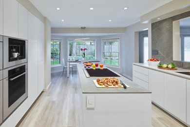 Enclosed kitchen - mid-sized contemporary u-shaped vinyl floor and gray floor enclosed kitchen idea in DC Metro with an undermount sink, flat-panel cabinets, white cabinets, quartz countertops, gray backsplash, quartz backsplash, stainless steel appliances, an island and gray countertops