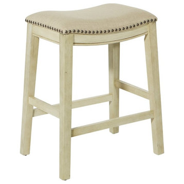 Saddle Wood Stool 24" Beige Fabric and Antique White Base and Nailheads 2 Pack