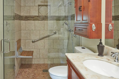 Inspiration for a small walk-in shower remodel in Other with an integrated sink, flat-panel cabinets and a two-piece toilet