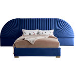 Meridian Furniture - Cleo Velvet Upholstered Bed With Custom Gold Steel Legs, Navy, King - Enjoy sweet dreams in this beautiful Cleo navy velvet king size bed. The tall, luxurious velvet headboard is upholstered in a channel-tufted style, flanked by removable fan-shaped side pieces. The footboard and rails are comfortably upholstered in soft navy velvet as well, with gold steel legs supporting the frame. Matching pieces are available in the same collection, allowing you to complete the contemporary style of this look for an elegantly glamorous bedroom.
