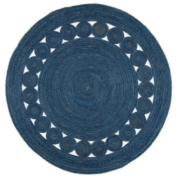 Farmhouse Area Rug, Round Pure Natural Jute With Circle Accents, Navy Blue, 7'