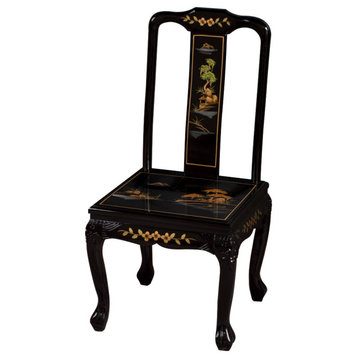 Black Lacquer Chinoiserie Scenery Motif Oriental Tiger Claw Chair
