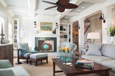 Photo of a mid-sized beach style formal open concept living room in New York with white walls, carpet, a standard fireplace, a stone fireplace surround and no tv.