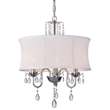 3-Light Chrome Finish White Fabric Drum Crystal Chandelier