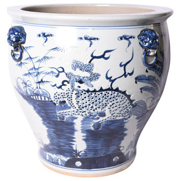 Blue And White Kylin Planter With Lion Handles