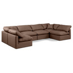 Meridian Furniture - Indulge Upholstered Modular U-Shaped Sectional, Brown, 6-Piece: 4 Armless Chair, 2 Corner Chair, Fiber Stuffed Vegan Leather - Experience ultimate comfort and style with our brown vegan leather Indulge Sectional. The luxurious vegan leather will elevate the aesthetic of any room. This sofa provides ample space for you to relax while its modular build offers the option of unlimited configurations. Whether you're looking to add a stylish element to your living room or a comfortable seating option to your bedroom, this sofa is the perfect choice.