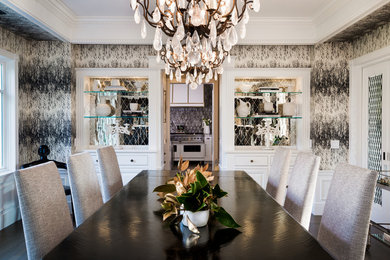 Large transitional medium tone wood floor and gray floor enclosed dining room photo in San Francisco with white walls and no fireplace
