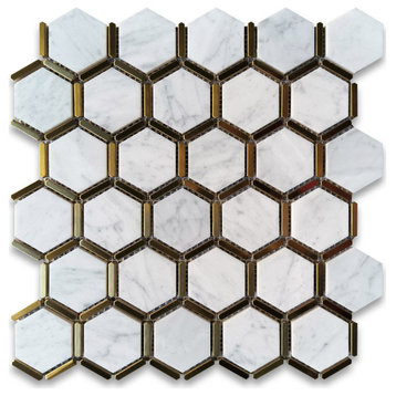 Carrara White Marble 2 inch Hexagon Mosaic Tile w/ Brass Strips Honed, 1 sheet