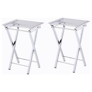 Pemberly Row Acrylic Metal Folding Tray Table in Chrome (Set of 2)