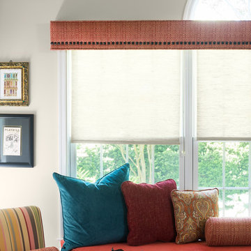 Casual Great Room Family Space with Dining Alcove in Red and Teal