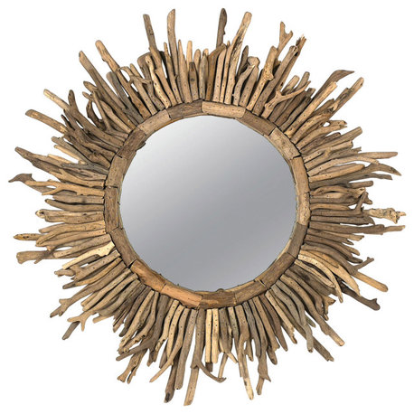 Round Coastal Driftwood Framed Sunburst Wall Mirror, Natural