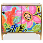 Empire Art Direct - Secret Garden Floral II Cabinet Console Table on Beveled Art Glass, Frame - Introducing the "Secret Garden Floral II" Console, a masterpiece that whisks you away to a blooming oasis, where every glance unveils the enchanting essence of spring through Karen Fields' evocative work. Inspired by the timeless strokes of impressionist art, this piece invites a passionate, leisurely stroll through an exotic floral garden where vibrant reds, oranges, yellows, blues, and pinks play a romantic symphony. As you run your fingers along the real Black Ash Wood Veneer, each touch echoes the whispers of a thousand petals. The touch-open doors, crafted from beveled reverse printed art glass, reveal their secrets like a lover's soft caress. Enhanced by the warm embrace of a Gold Leafed Iron Frame, the console radiates a captivating opulence, akin to a cherished love letter. This console, bearing the artist's signature, measures 42" x 37" x 17", becoming an immediate source of elegance in any room. For an even more amorous touch, consider pairing it with the matching 'Secret Garden Floral II' 48"x32" Frameless Reverse Printed Art Glass Mirror. Together, they form a passionate duet, capturing the essence of a love that's always in bloom. Child protection anti-tipping hardware is included with the console.