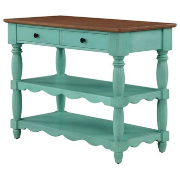 Multifunctional Kitchen Island, 2 Top Drawers & 2 Shelves With Turned Legs, Teal