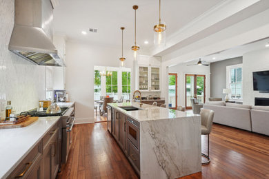 Minimalist galley open concept kitchen photo in New Orleans with glass-front cabinets