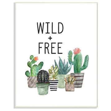 Wild And Free Typography with Watercolor Cacti and Striped Pots Plaque, 10"x15"