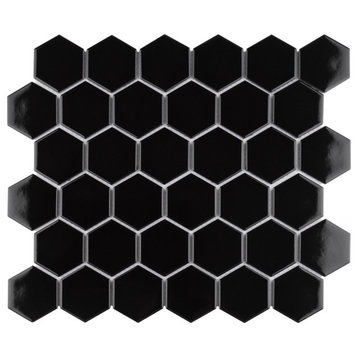 Metro 2" Hex Glossy Black Porcelain Floor and Wall Tile
