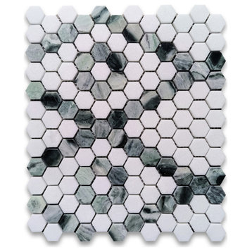 Thassos White Marble Hexagon Diamond Flower Trellis Mosaic Tile Green, 1 sheet