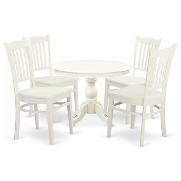 5 Pc Table, Chairs Dining Set, Wood Table, 4 Wooden Chairs, Linen White