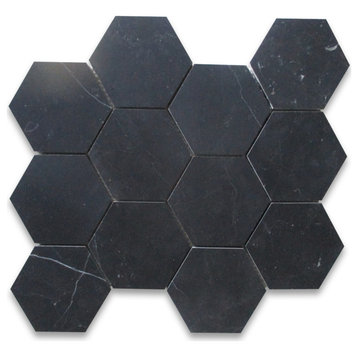 Nero Marquina Black Marble 4 inch Hexagon Mosaic Bathroom Tile Honed, 1 sheet