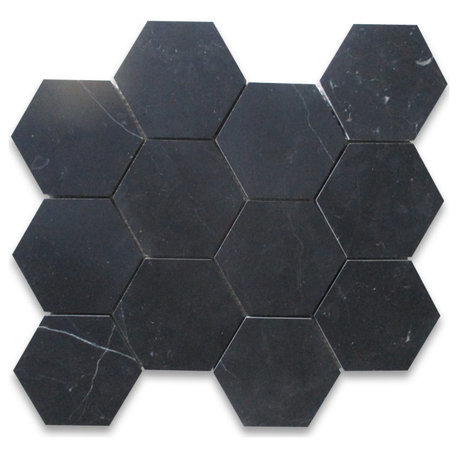 Nero Marquina Black Marble 4 inch Hexagon Mosaic Bathroom Tile Honed, 1 sheet