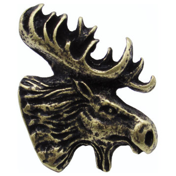 Moose Head Right Facing Cabinet Knob, Antique Brass