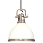 Hudson Valley Lighting - Randolph, One Light 11-inch Pendant, Satin Nickel Finish, Glass Shade - Smoothly curved socket holders and ball transitions signal Riverton's subtle historic inspiration. Stepped circular backplates and canopies echo the design's key motifs. We finish Riverton with mouth-blown opal glass shades, which are bright and easy on the eyes.