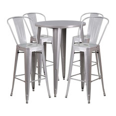 30" Round Silver Metal Indoor-Outdoor Bar Table Set With 4 Cafe Barstools