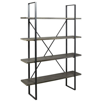 Transitional Bookcase, X-Shaped Back Support and 4 Open Shelves, Gray and Black