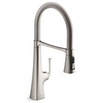 Kohler - Kohler Graze Semi-Professional Kitchen Sink Faucet With 21.6" Spout, Stainless - Drawing on inspiration rooted deep in Americana, we bring you Graze. This bold statement piece conjures memories of the spikes that built railroads  the steel industry where iron was forged. Breaking from the norm of more delicate smooth round lines, the bold square base and unique strong silhouette is eye-catching on your counter, and a design to compliment most every home.