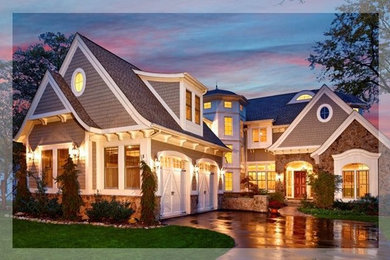 Large elegant white two-story wood exterior home photo in Baltimore