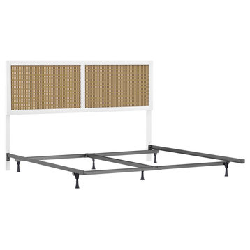 Coastal Platform Bed, Wood Frame & Wicker Cane Headboard, White, King