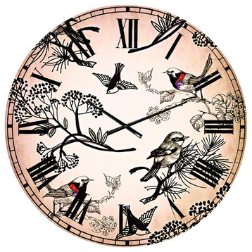 Floral Pattern With Birds Floral Round Metal Wall Clock, 36x36