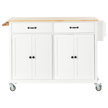 Multifunctional Solid Wood Frame Kitchen Cart, Adjustable Shelves, White