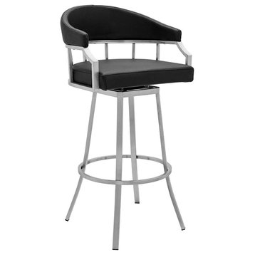 Modern Swiveling Bar Stool, Faux Leather Upholstery & Curved Open Back, Black