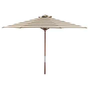 Classic Wood 9 ft Round Market Umbrella Soft Black/Ivory Stripe