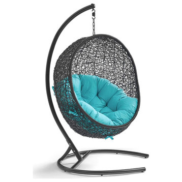 Comfortable Hanging Chair, Egg Shaped Rattan & Tufted Cushioned Seat, Turquoise