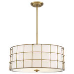 Savoy House - Savoy 7-8501-5-322, Hayden 5 Lights Warm Brass Pendant - The Hayden is a contemporary pendant with an industrial-inspired aesthetic. The frame features a circular tiered ceiling plate, bold straight downrod, understated finial, and drum-shaped wire cage with three rows of large square openings. This entire textured frame has a wonderful, neutral, warm brass finish a perfect complement to the inner, crisp white fabric shade. Five 60W, E-style bulbs allow plenty of glare-free illumination through the fabric. The fixture is 25`` wide and 10.25`` high, with a 10.25 to 64`` adjustable hanging height, using included extension stems. The Hayden is a comfortable, visually interesting pendant for your contemporary, industrial, transitional, or modern farmhouse decor.