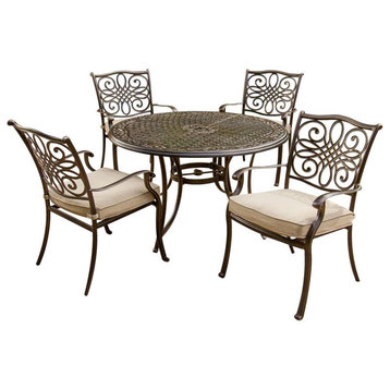 5 Pieces Patio Dining Set, Aluminum Frame, Round Table and Tan Cushioned Chairs