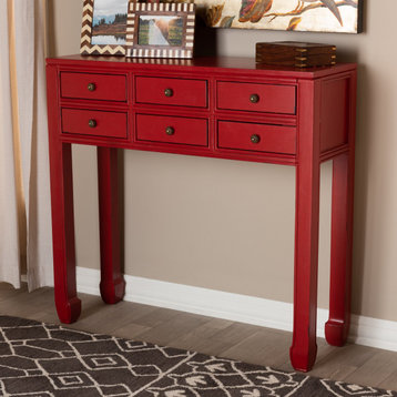 Classic Console Table, Bayur Wood Frame & Drawers With Unique Pulls, Antique Red