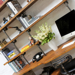 Nita Reclaimed Scaffolding Board & Dark Steel pipe Curved Shelving & Desk Unit - Desks & Writing Bureaus