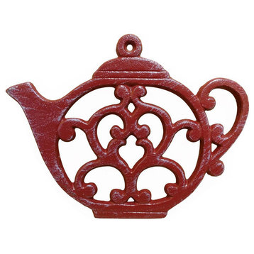 Rustic Red Whitewashed Cast Iron Round Teapot Trivet 8"