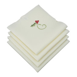Xia Home Fashions - Tartan Ribbon Embroidered Christmas Napkins 21"x21", White, Set of 4 - Napkins
