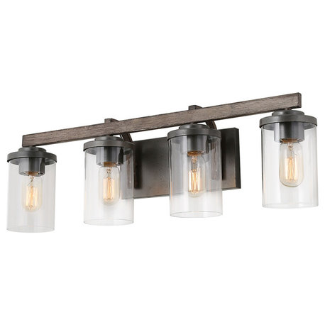 LNC Black Modern Farmhouse Glass-Cylinder Bathroom Vanity Light, 4 Lights, Wood