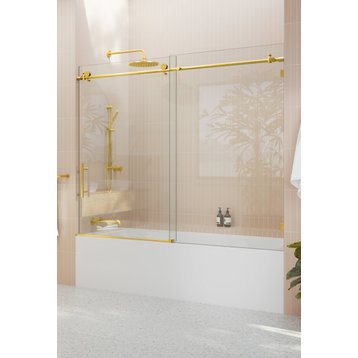68-72"x60" Frameless Bath Tub Sliding Shower Door, Satin Brass