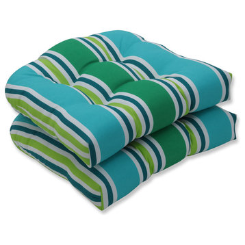 Outdoor/Indoor Aruba Stripe TurquoiseGreen Wicker Seat Cushion, Set of 2