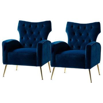 Upholstery Velvet Accent Chair With Button Tufted Back Set of 2, Navy