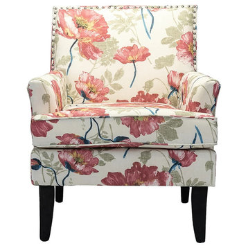 Classic Accent Chair, Padded Seat With Low Arms & Nailhead, Red Floral