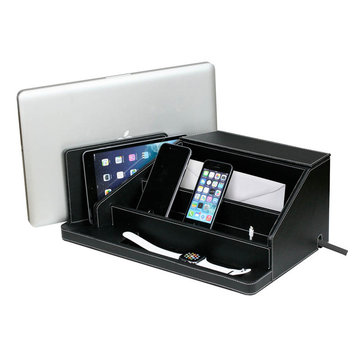 All-In-One Charging Station, Valet, and Desktop Organizer, Black Leatherette
