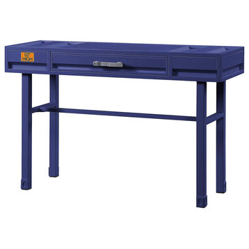 Contemporary Industrial Desk, Cargo Design With Metal Frame & Drawer, Blue